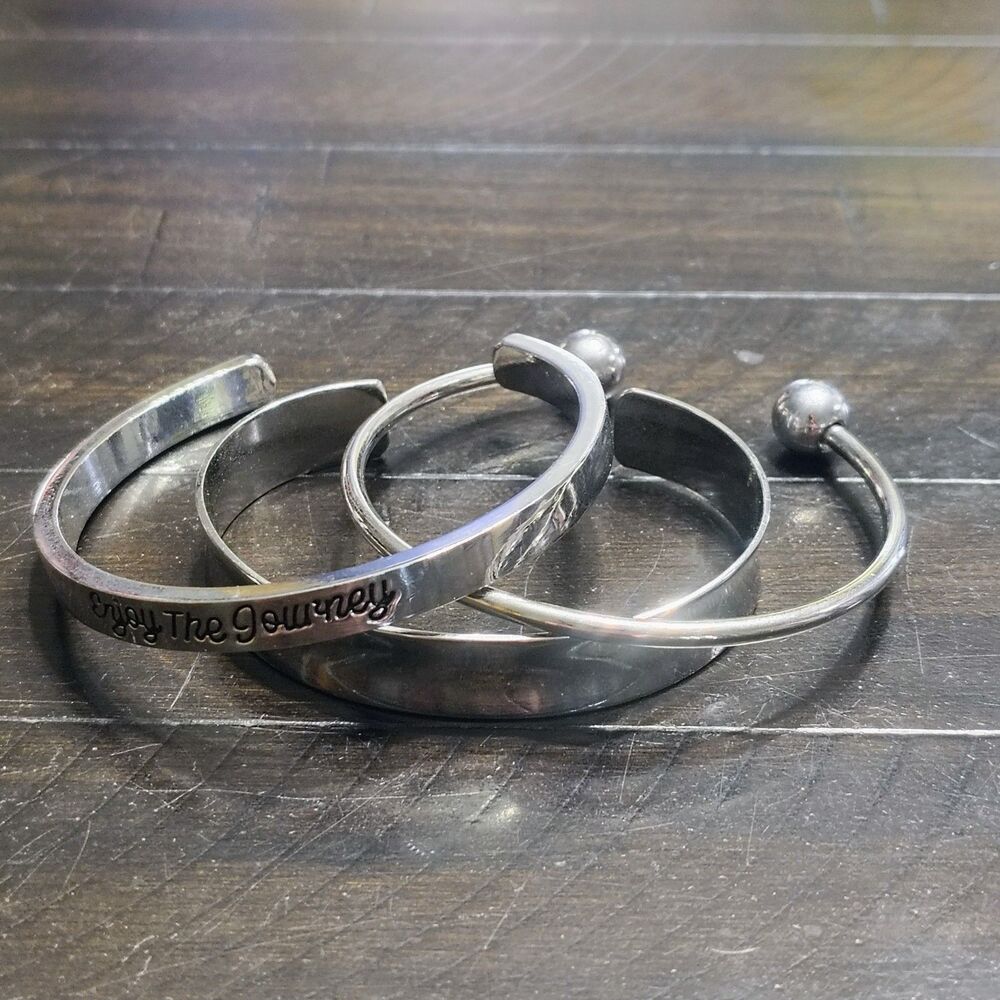 3 Piece Set Cuff Bracelets Enjoy The Journey Engraved Quote Bracelet Silver Tone